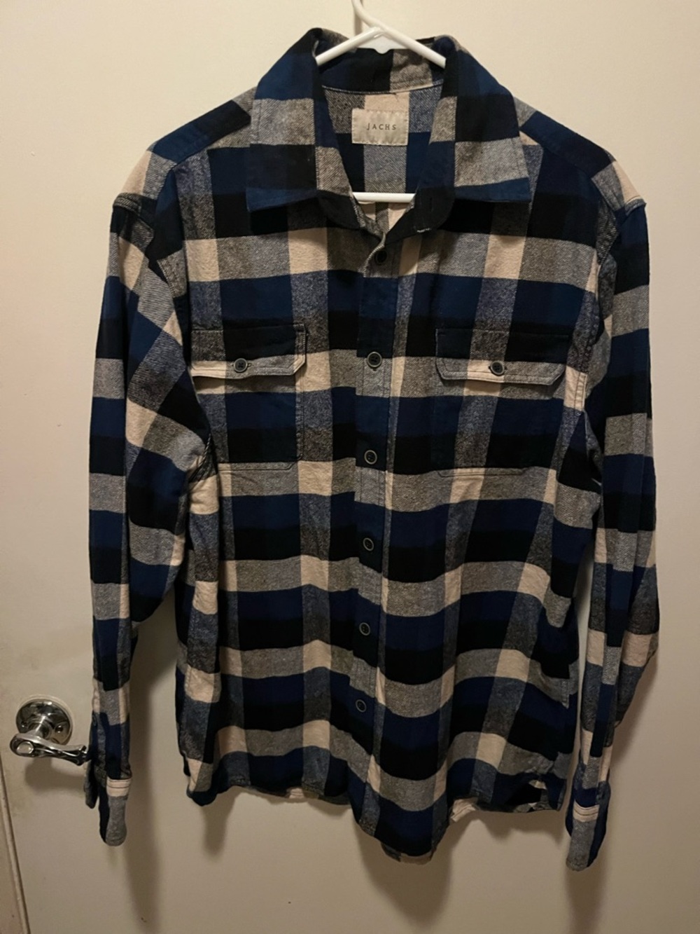 Jachs Blue Black and Cream Plaid Button-Down Shirt